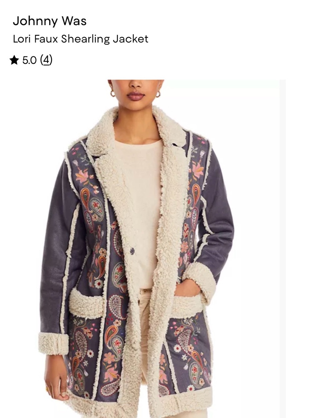 Johnny Was Charcoal Faux Shearling Jacket with Paisley Accents
